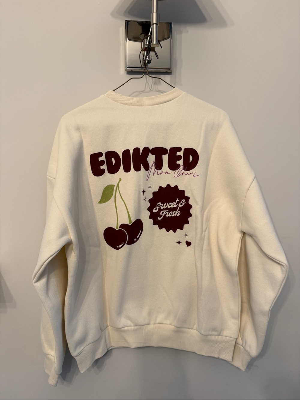 Edikted Cream Sweatshirt with Burgundy Cherry Graphic